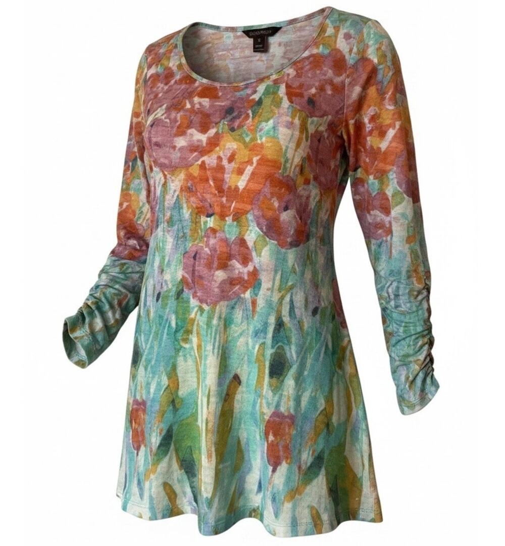 Multiples Floral Tunic Dress Long Sleeve Watercolor Print Rayon Blend